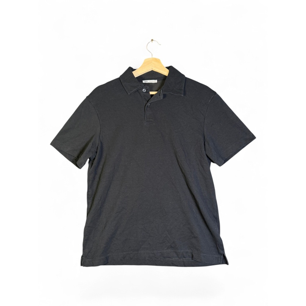 Zara Man Black Short Sleeve Polo Shirt Small Minimalist Basic Cotton Top